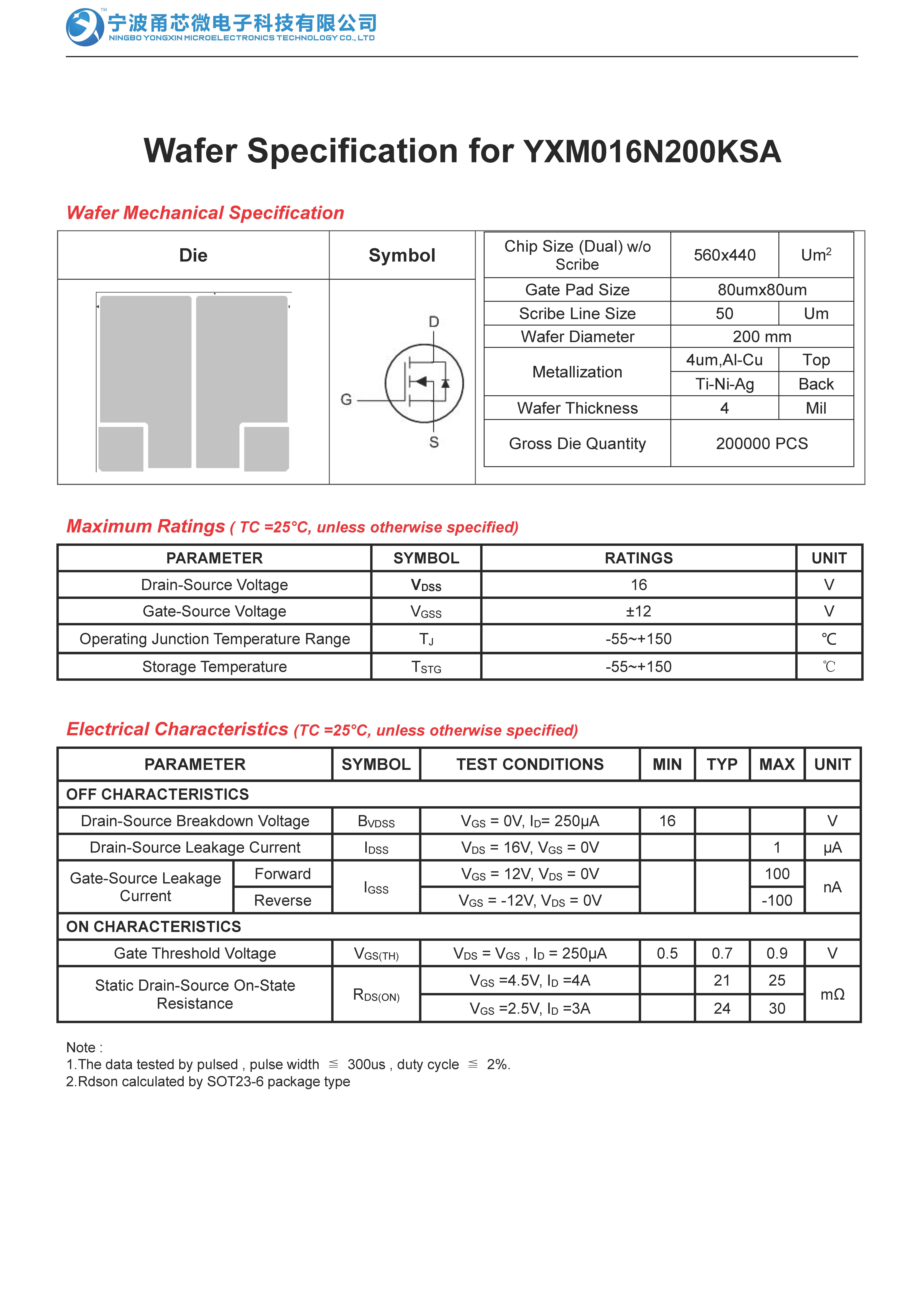 Wafer Specification for YXM016N200KSA