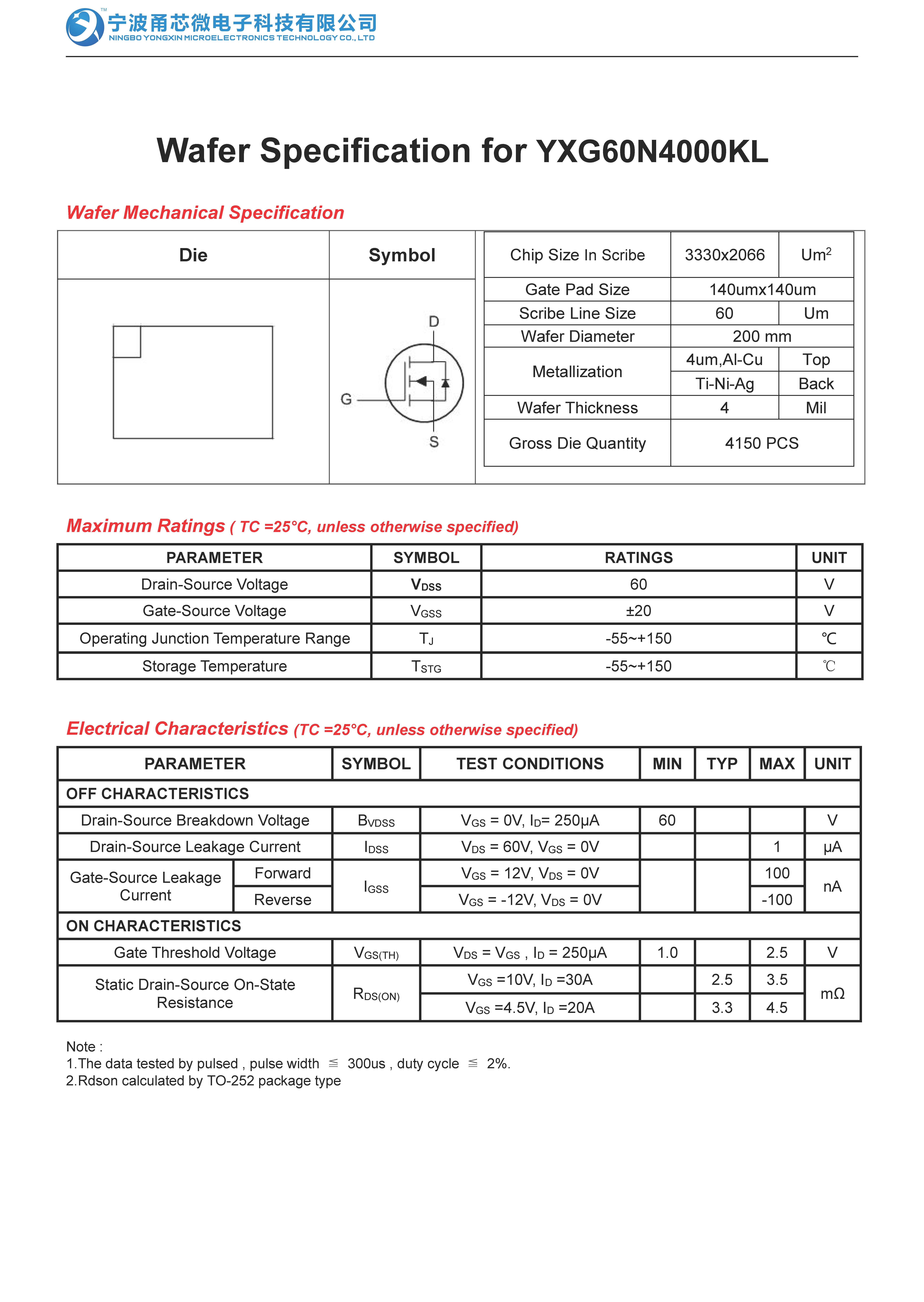 Wafer Specification for YXG60N4000KL