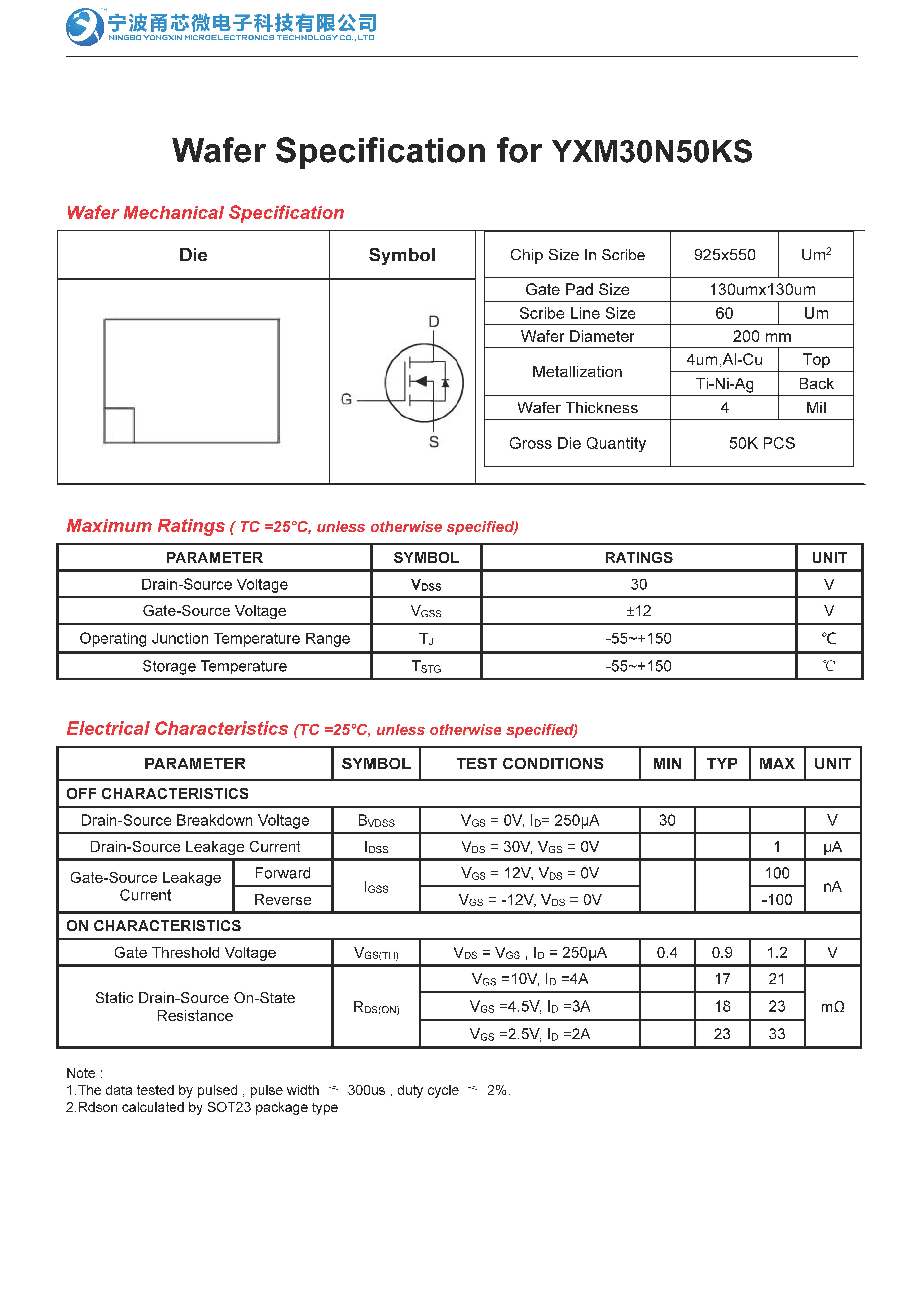 Wafer Specification for YXM30N50KS